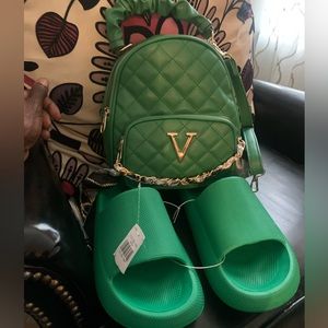 Beautiful green small backpack and green rouge slides size 9